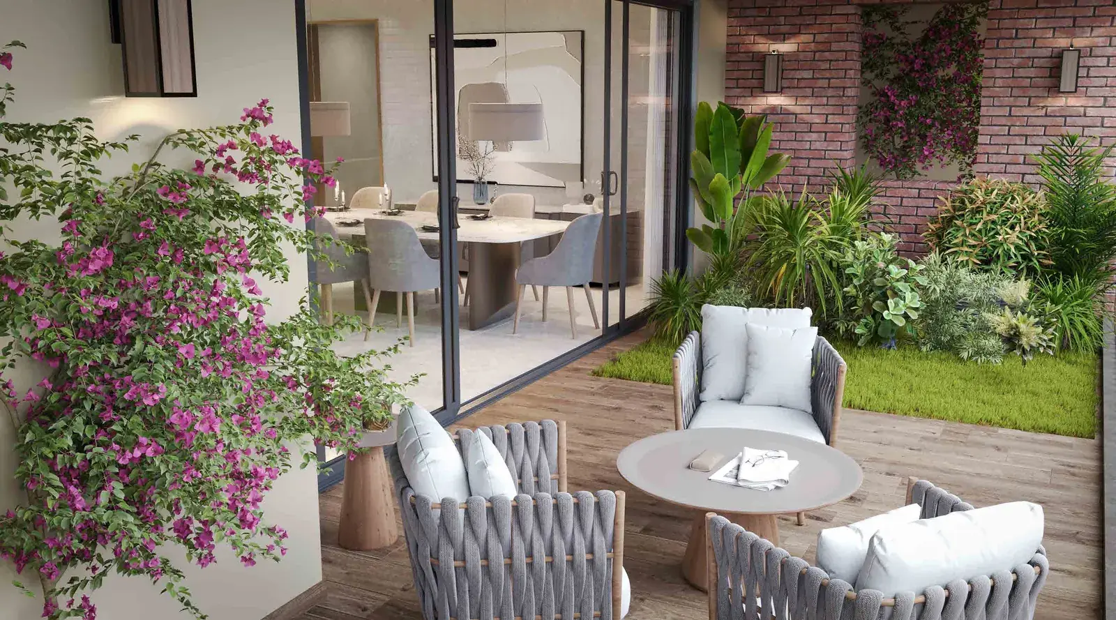 Balcony of a SOBHA Aranya residence with a wood-finish deck, private garden and glass sliding doors. Artist's impression.