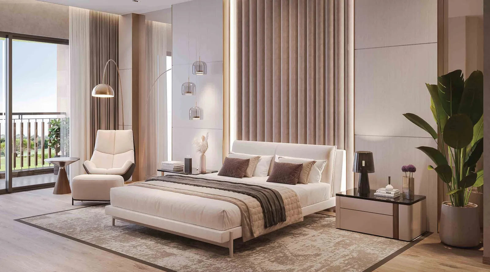 Master bedroom of a SOBHA Aranya residence with an attached balcony and a reading corner. Artist's impression.