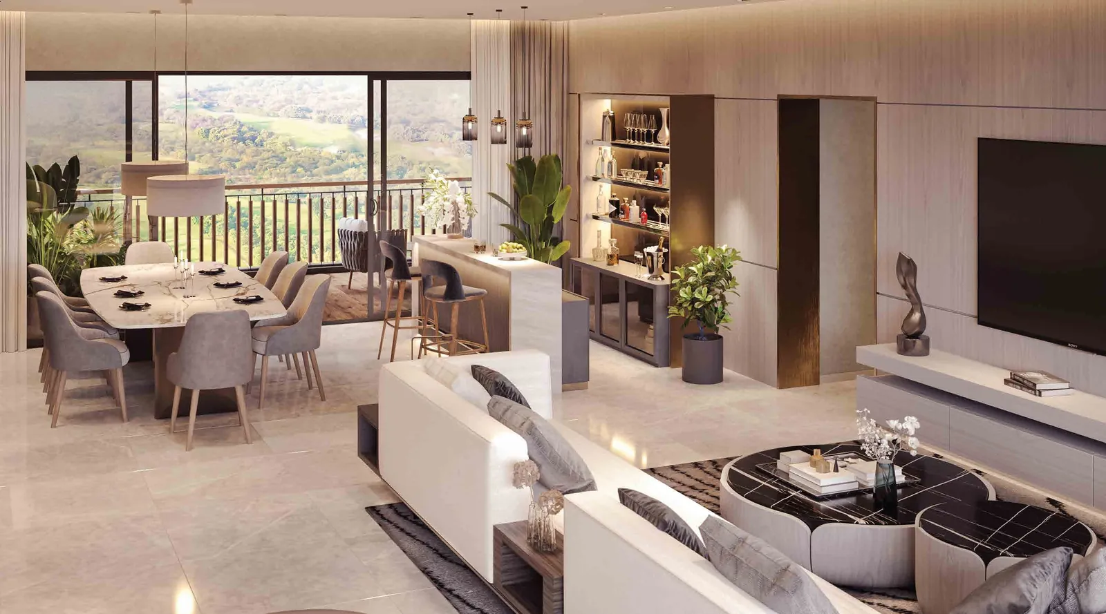 Living and dining area of a SOBHA Aranya residence with a bar counter and a balcony overlooking the golf course. Artist's impression.