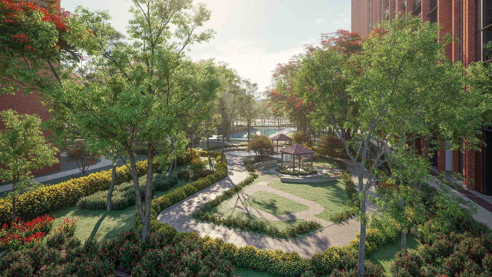 The healing garden at SOBHA Aranya, a thematic garden with pavilions, lawns and flowering planting. Artist's impression.