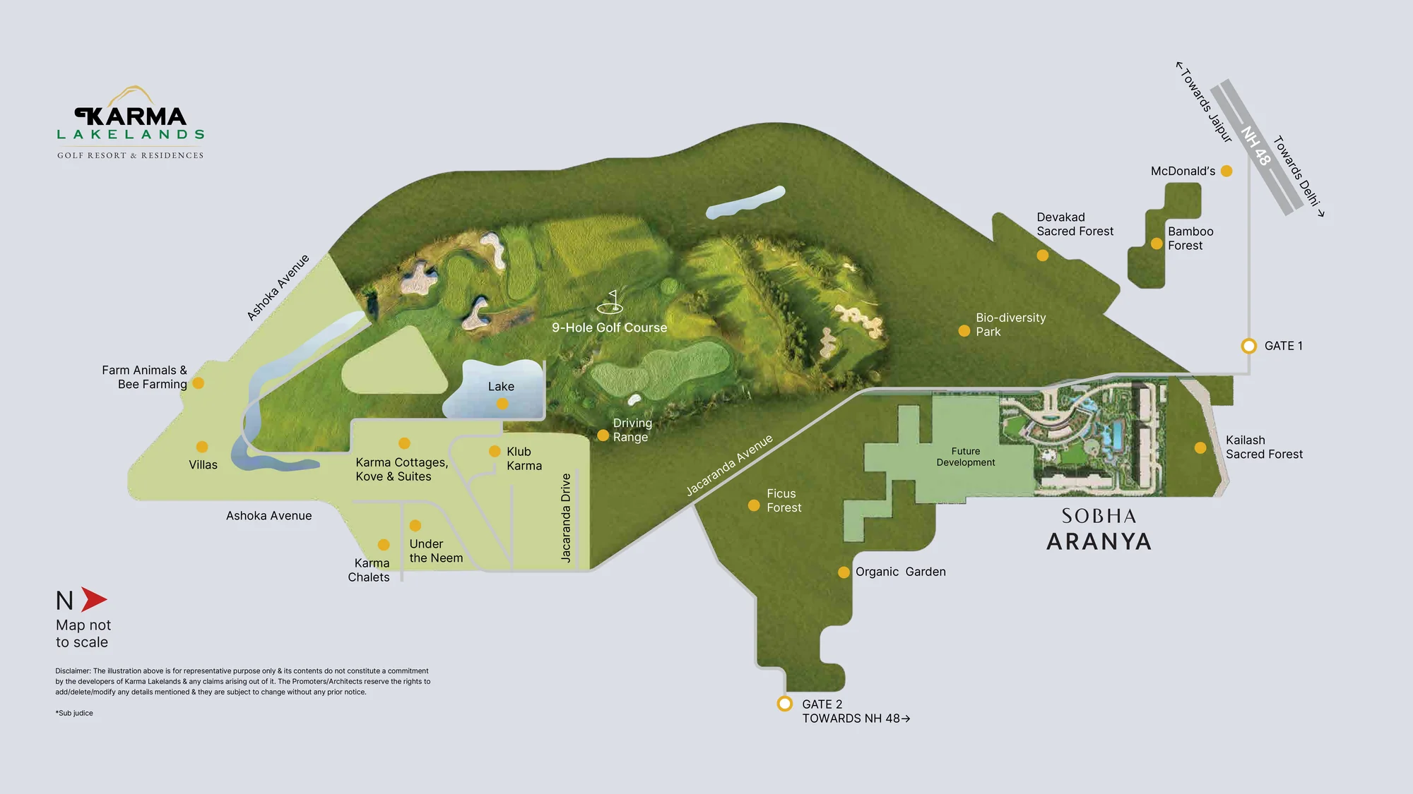 Estate map of Karma Lakelands showing the 9-hole golf course, lake, driving range, sacred forests, bio-diversity park, organic garden and the position of SOBHA Aranya near Gate 1 off NH 48.