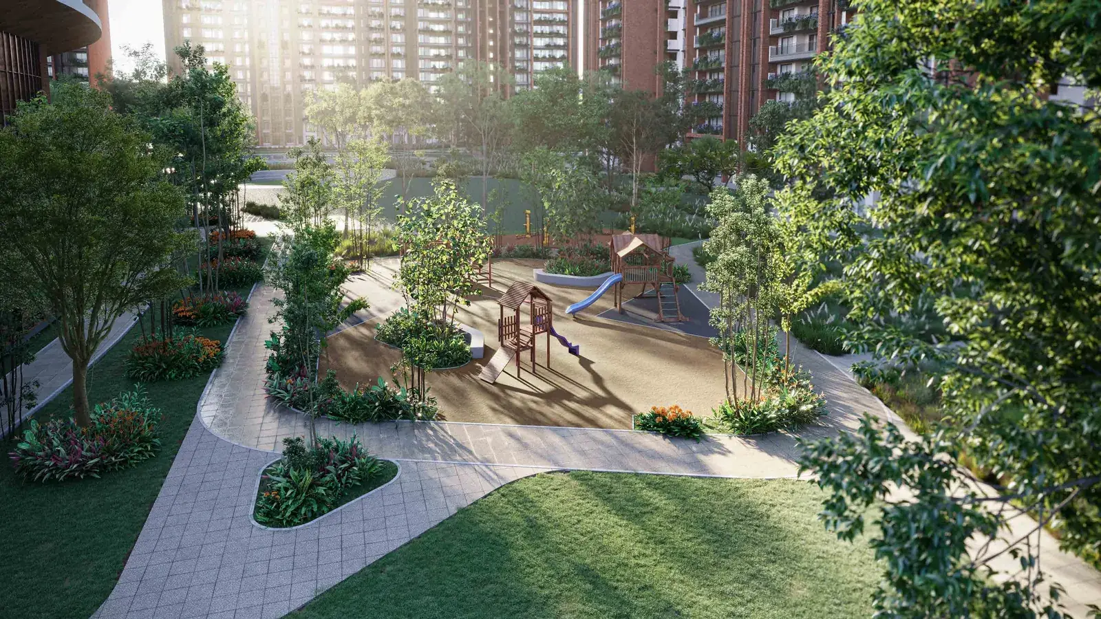 The play plaza at SOBHA Aranya with timber play structures set among trees. Artist's impression.