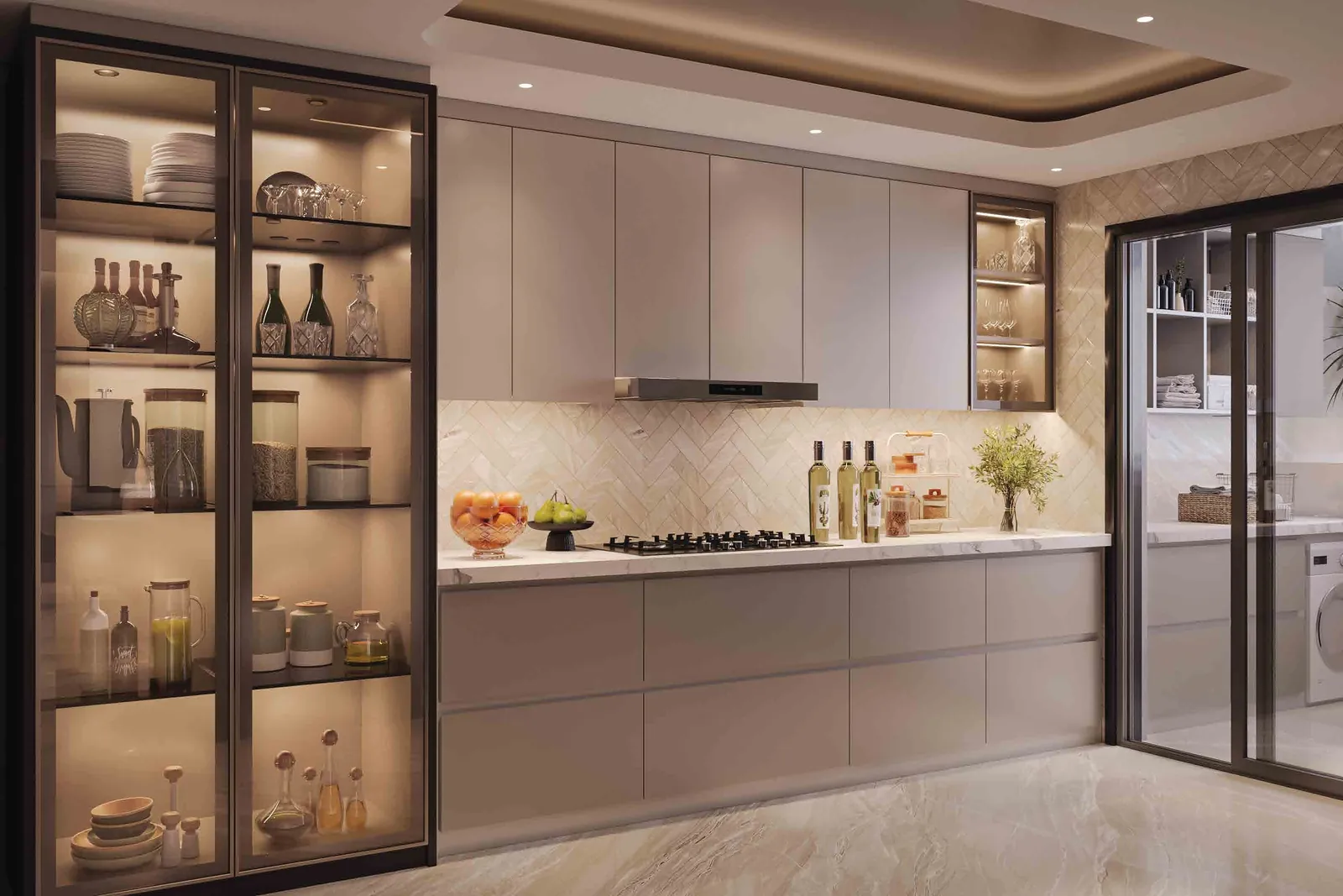 Kitchen of a SOBHA Aranya residence with floor-to-ceiling ceramic tiling and a utility area beyond. Artist's impression.