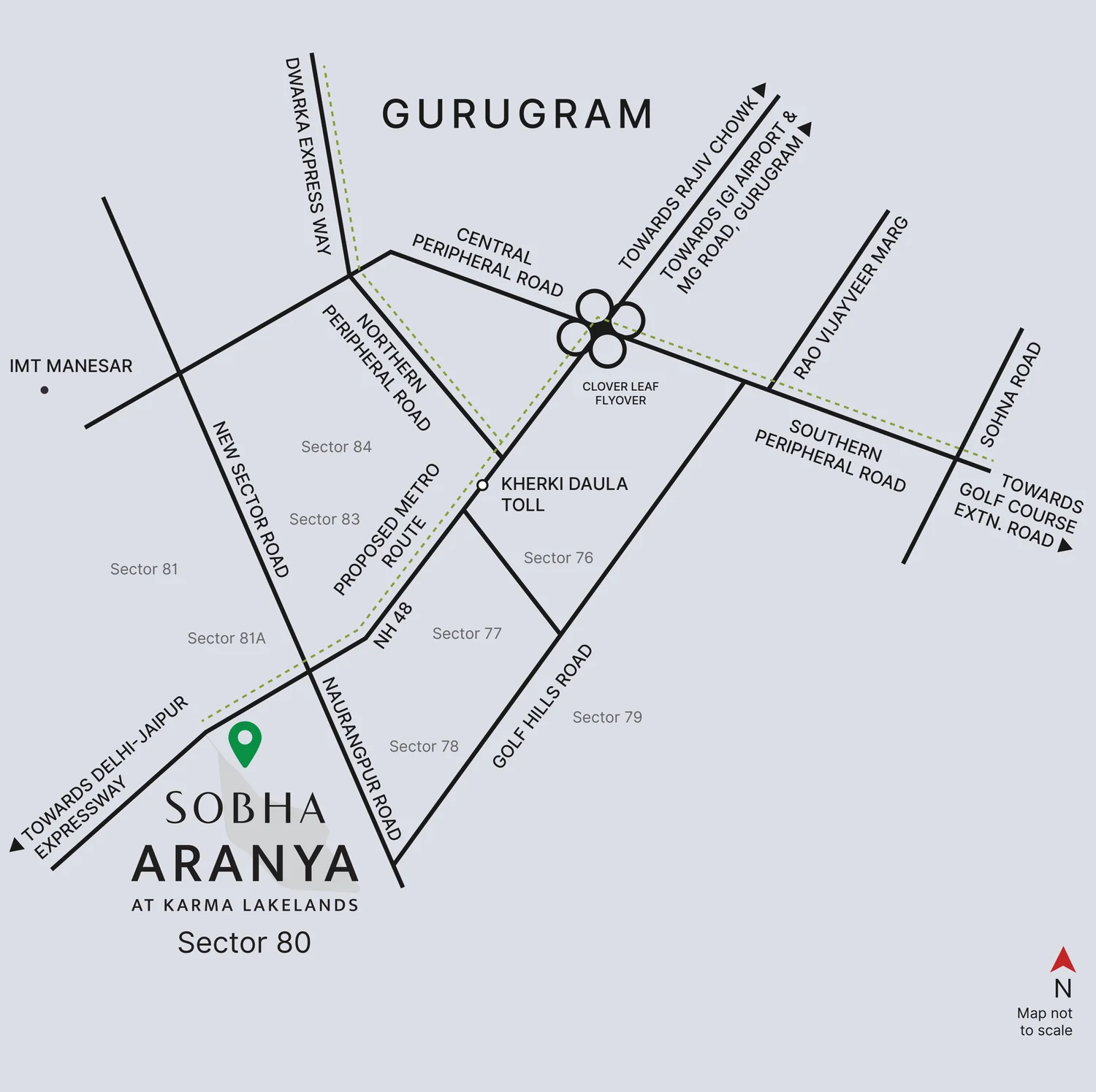 Location map showing SOBHA Aranya at Karma Lakelands in Sector 80, Gurugram, in relation to NH 48, the Northern, Central and Southern Peripheral Roads, Dwarka Expressway, Kherki Daula Toll, IMT Manesar and Golf Course Extension Road.