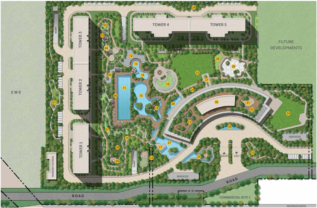 SOBHA Aranya Phase 1 master plan showing Towers 1 to 5, the clubhouse, the 6-lane Olympic-size pool, the leisure pool, gardens and the 35 numbered amenities across the site.