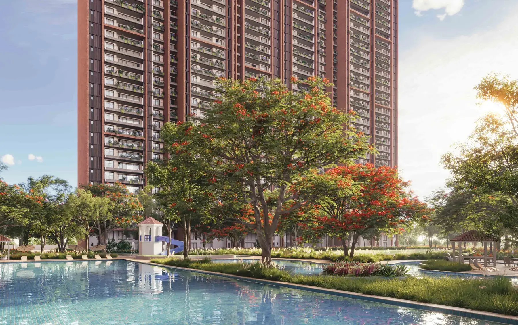 The 6-lane Olympic-size pool at SOBHA Aranya with the towers behind. Artist's impression.