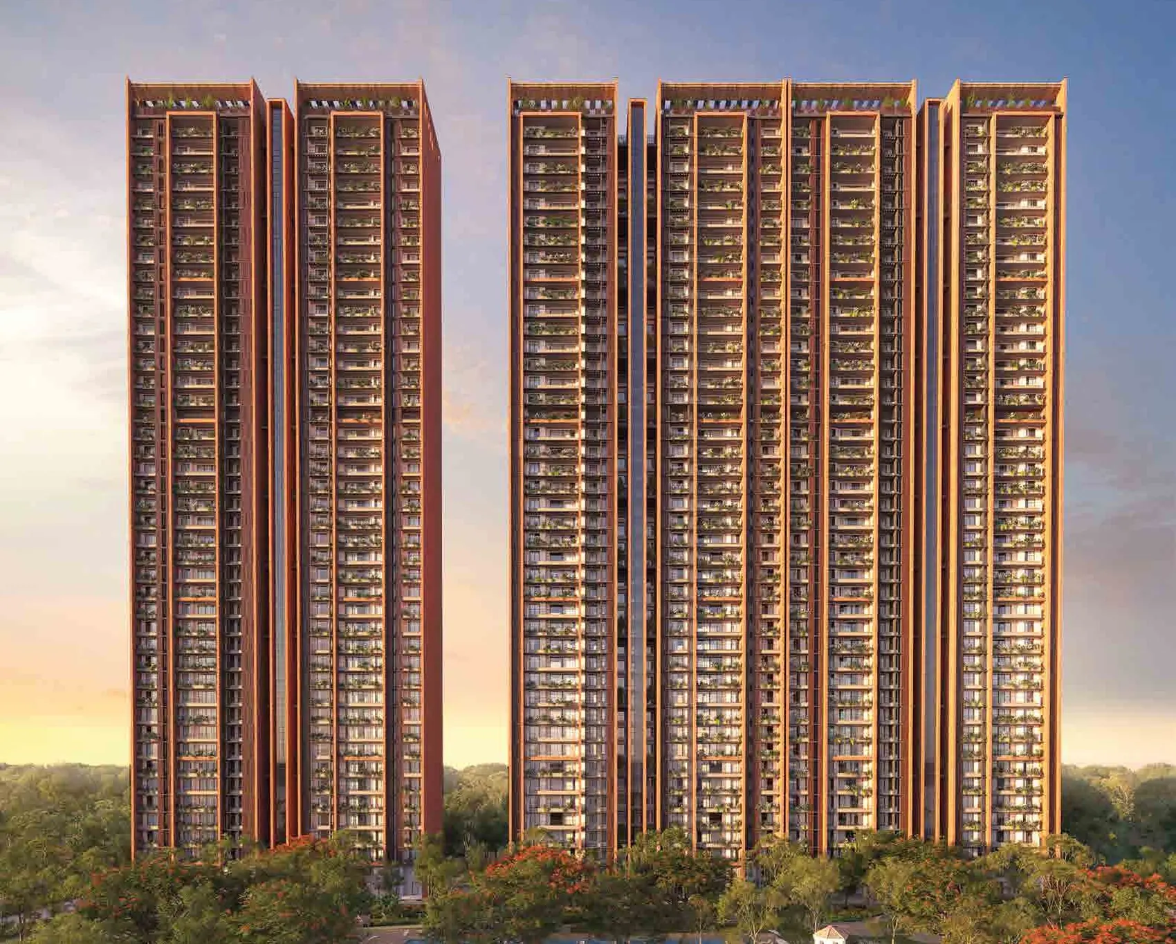 SOBHA Aranya towers at sunrise, seen from the landscaped central expanse of Phase 1 with the leisure pool below. Artist's impression.