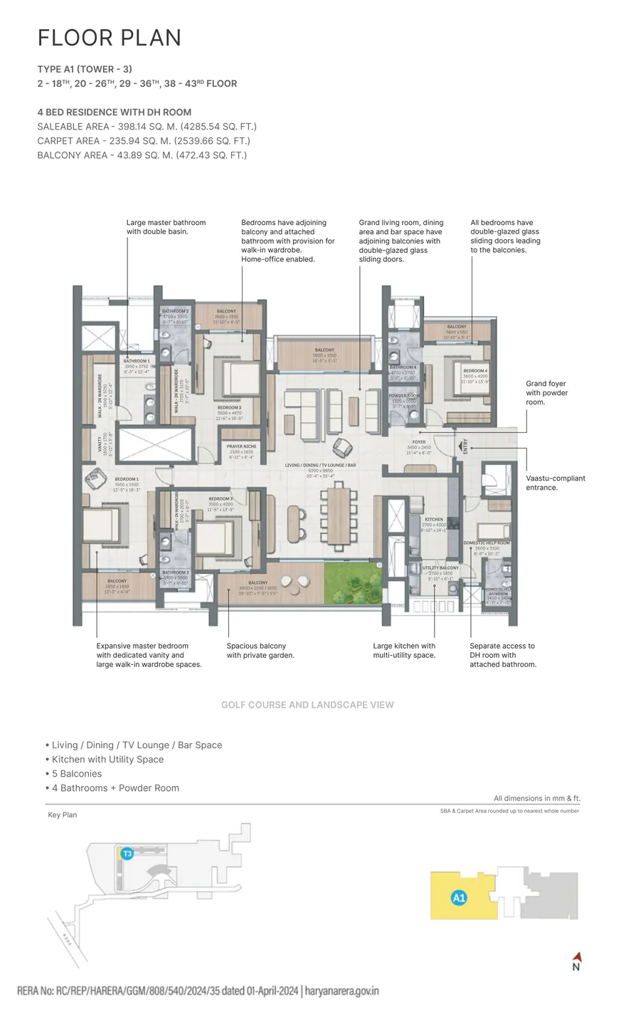 Official SOBHA Aranya floor plan for Type A1 in Tower 3 — a 4 bed residence with DH room, 4,285.54 sq. ft. saleable, on floors 2 to 18, 20 to 26, 29 to 36 and 38 to 43.